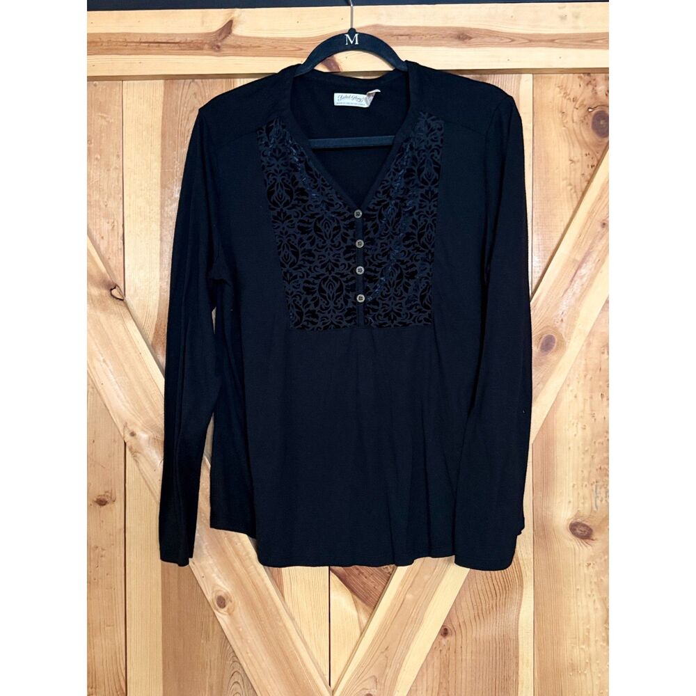 Y2K Whimsigoth Black Velvet Flock Damask Henley Top Dark Academia Witchy Size L